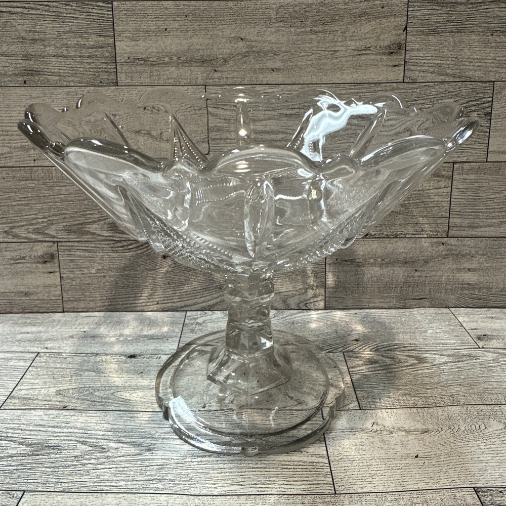 Cut Glass Pedestal Compote/Fruit Bowl 6.5x8" Vintage‎ Textured Scalloped Edge